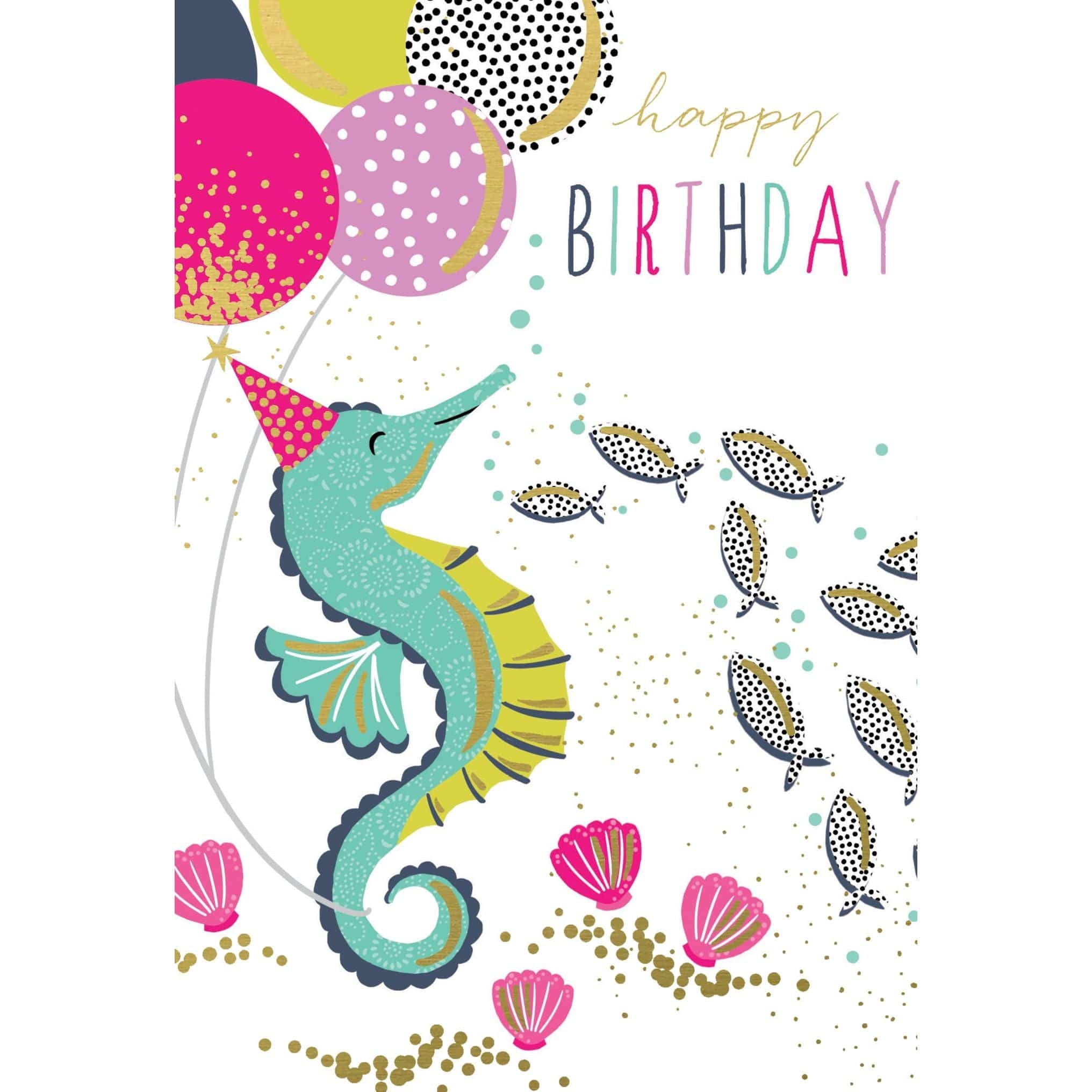 Seahorse birthday card featuring colorful seahorse illustration by Sara Miller, part of Pictura's everyday card collection.